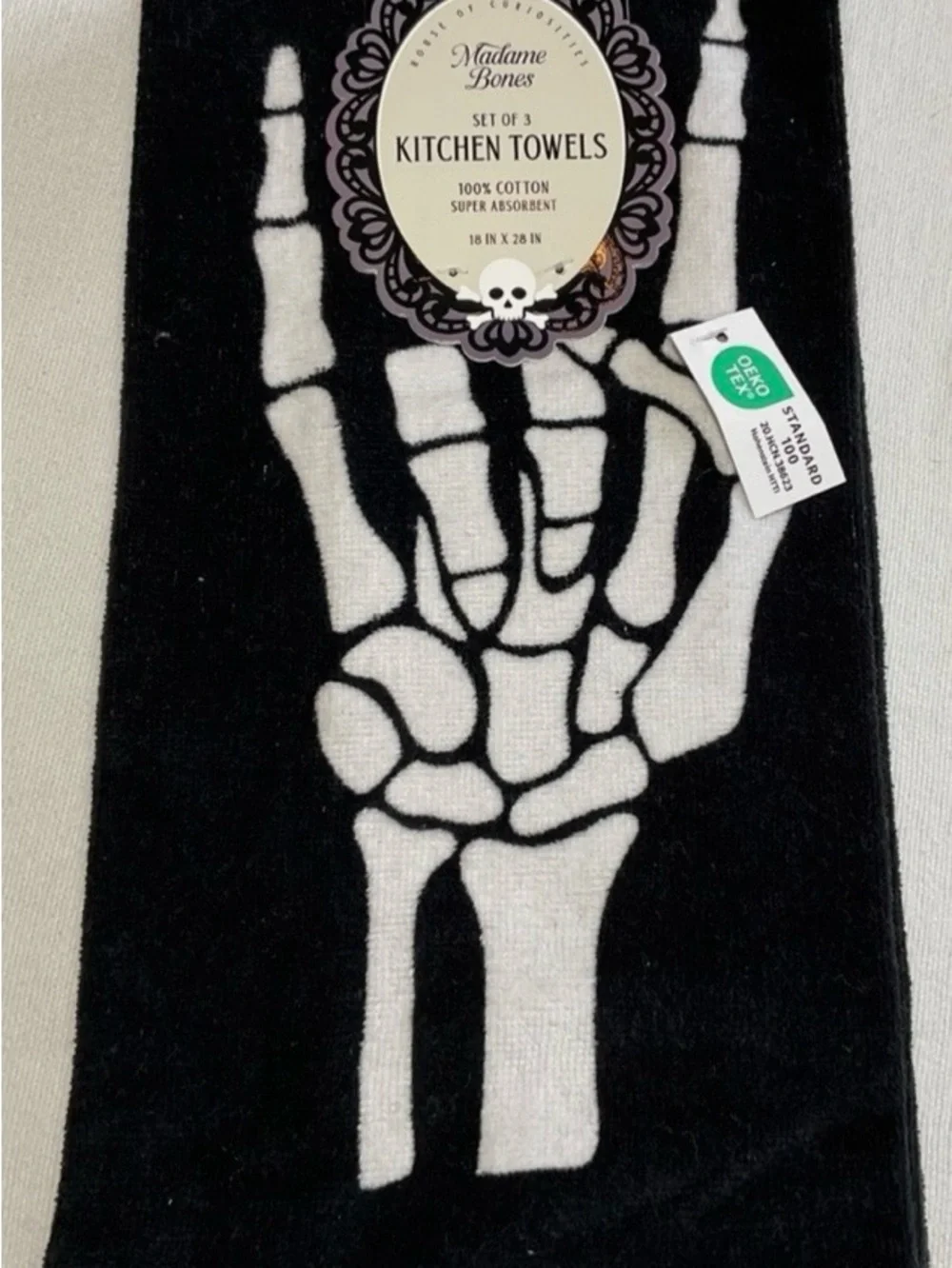 NWT Madame Bones Kitchen Towels (3) SKELETON HANDS 18 X 28 100% COTTON
